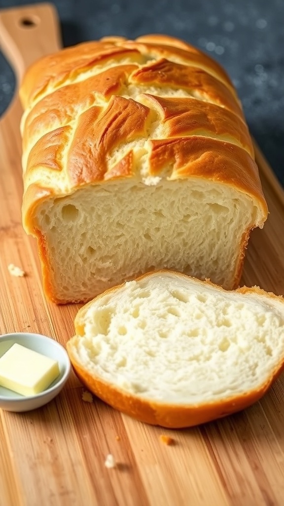 A golden-brown loaf of gluten-free bread sliced on a wooden board with butter.